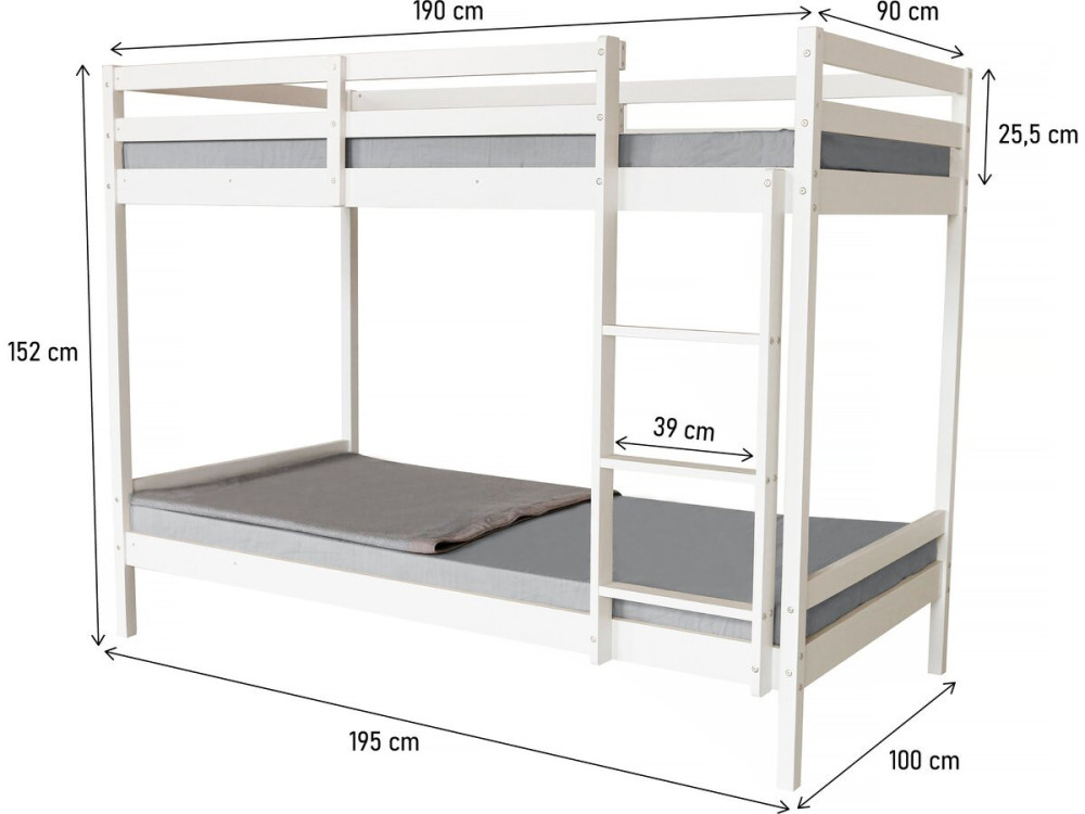 Beliche infantil de madeira "Lionel" 90 x 190 cm - Branco