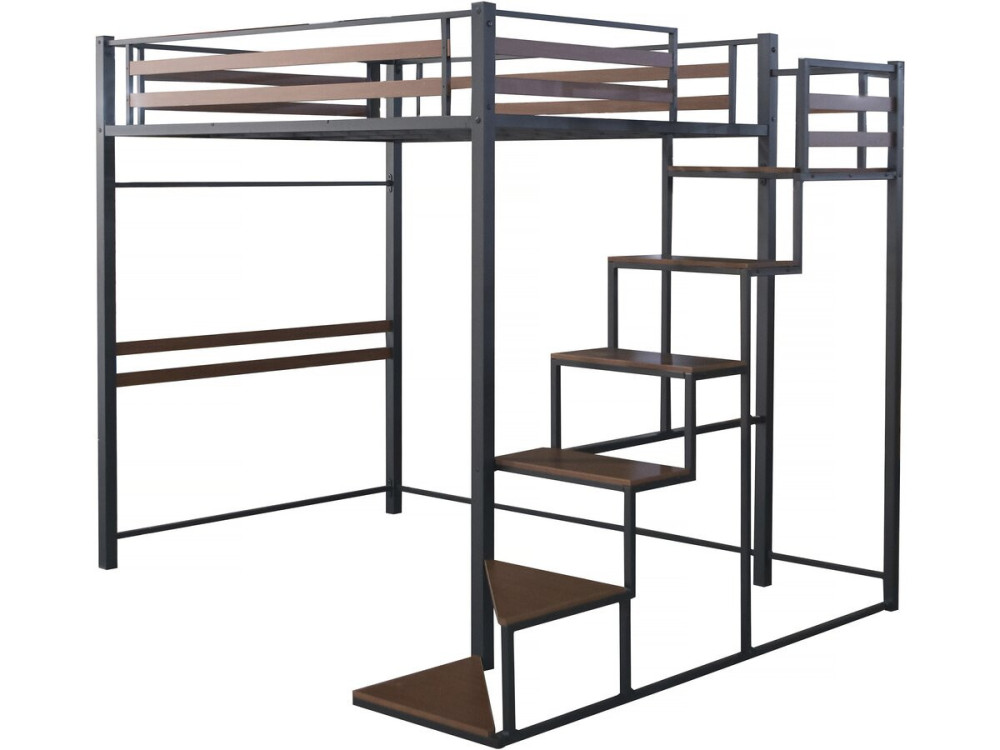 Cama alta em metal com escada "LENA" - 140 x 200 cm - Preto e castanho nogueira