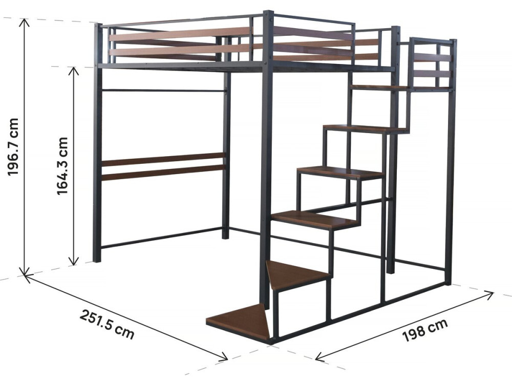 Cama alta em metal com escada "LENA" - 140 x 200 cm - Preto e castanho nogueira