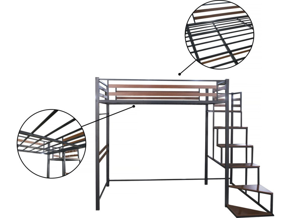 Cama alta em metal com escada "LENA" - 140 x 200 cm - Preto e castanho nogueira