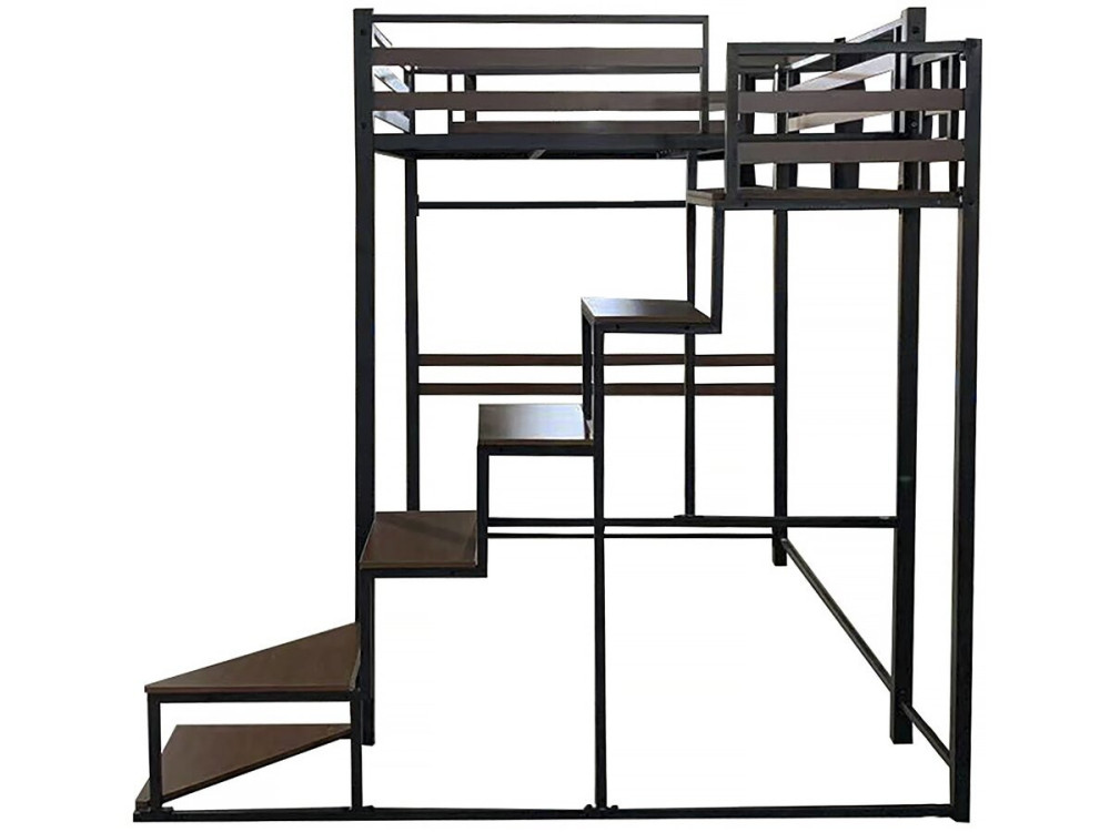 Cama alta em metal com escada "LENA" - 140 x 200 cm - Preto e castanho nogueira