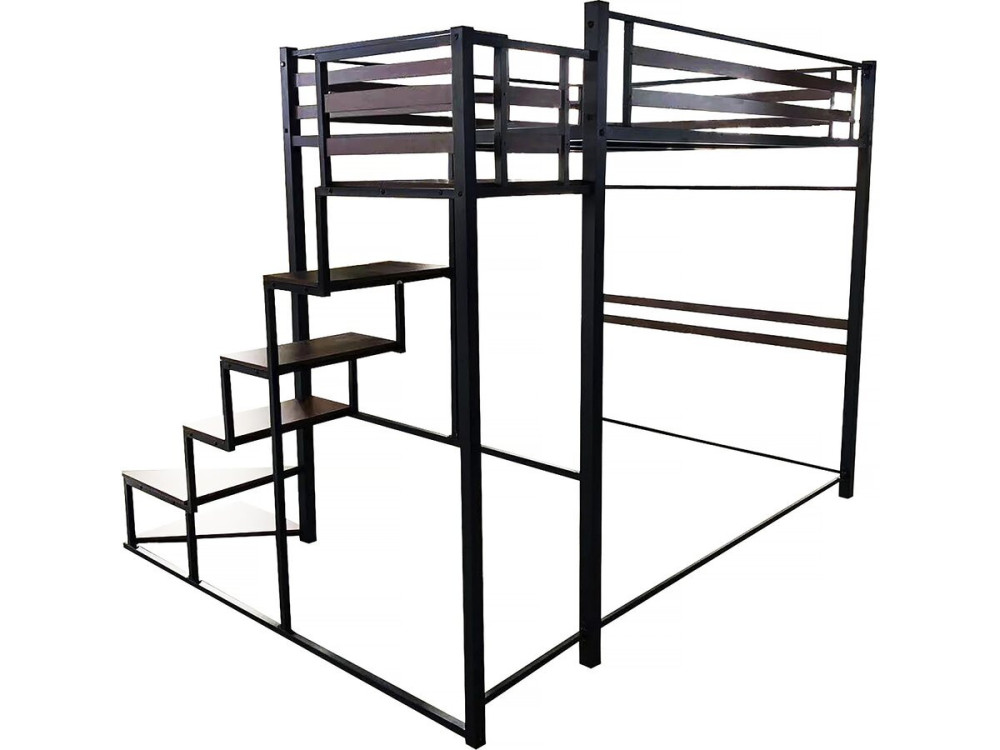 Cama alta em metal com escada "LENA" - 140 x 200 cm - Preto e castanho nogueira