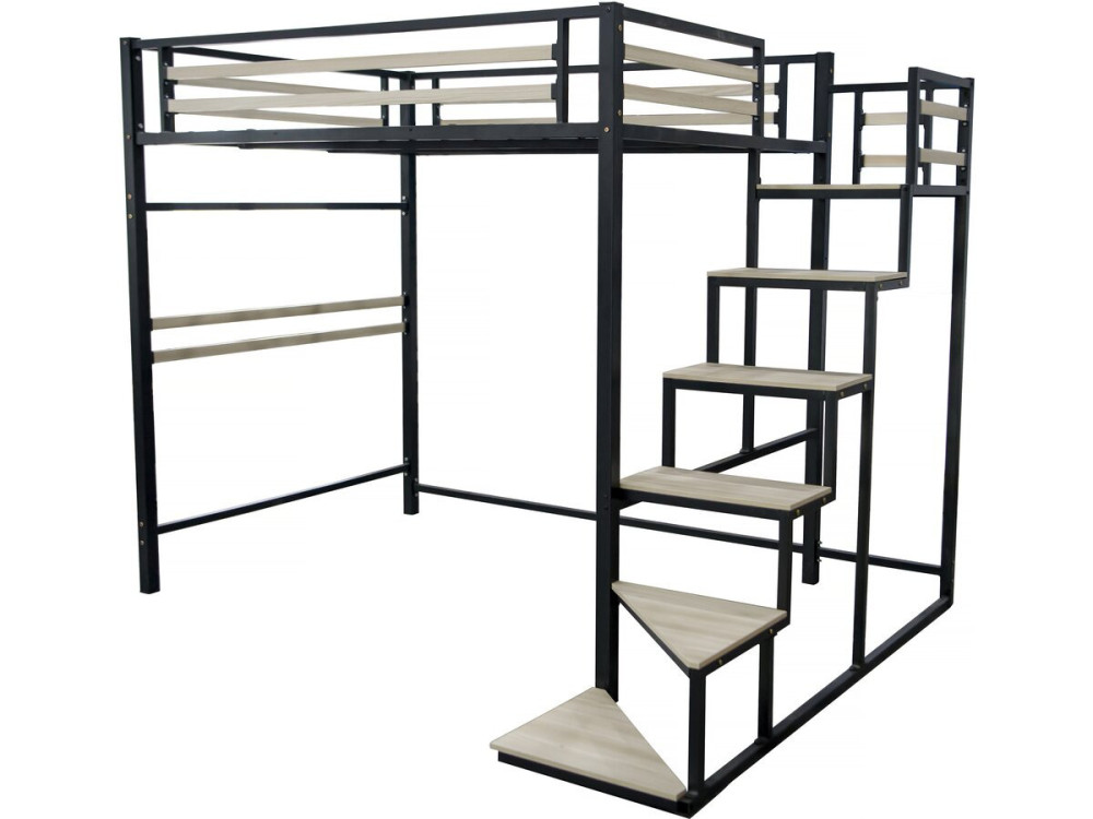 Cama alta de metal com escadas "LENA" - 140 x 200 cm - preta -