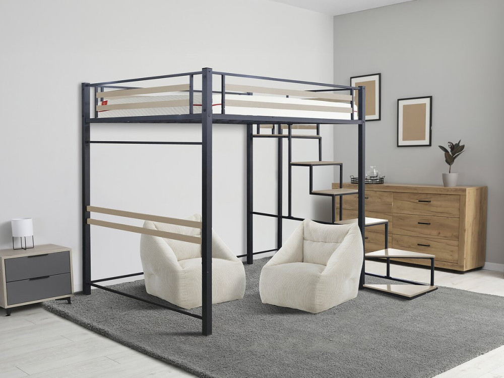 Cama alta de metal com escadas "LENA" - 140 x 200 cm - preta -