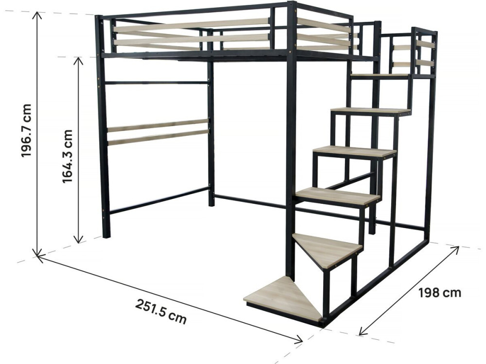 Cama alta de metal com escadas "LENA" - 140 x 200 cm - preta -
