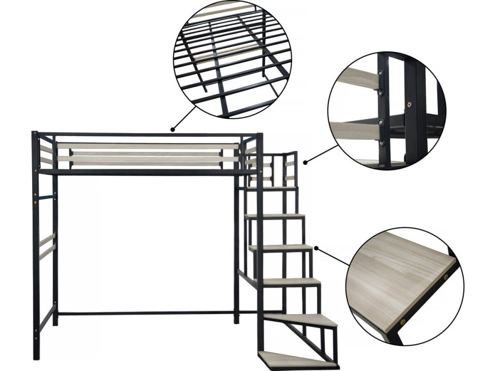 Cama alta de metal com escadas "LENA" - 140 x 200 cm - preta -