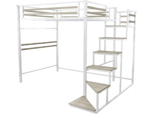 Cama alta em metal com escada "LENA" - 140 x 200 cm - Branco