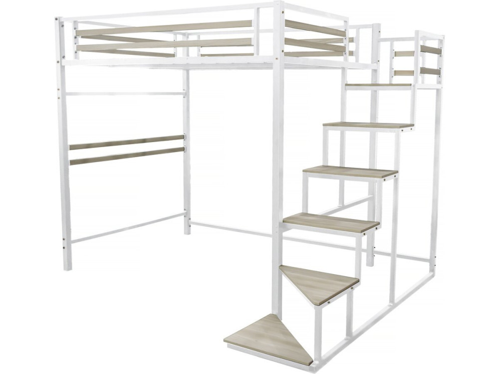 Cama alta em metal com escada "LENA" - 140 x 200 cm - Branco
