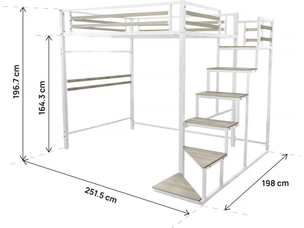Cama alta em metal com escada "LENA" - 140 x 200 cm - Branco