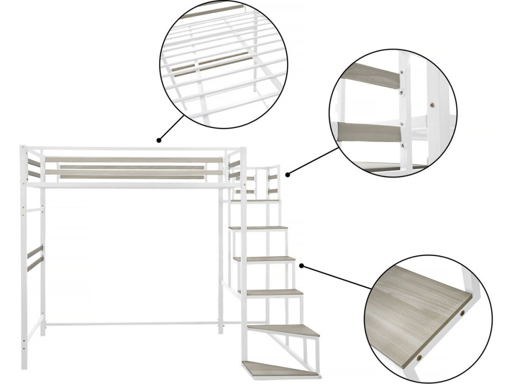 Cama alta em metal com escada "LENA" - 140 x 200 cm - Branco