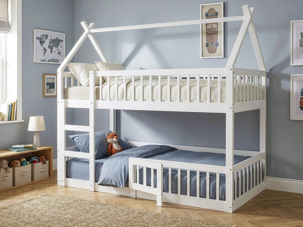 Cama de beliche em madeira com escada «Laith» - 90 x 190 cm - Branco