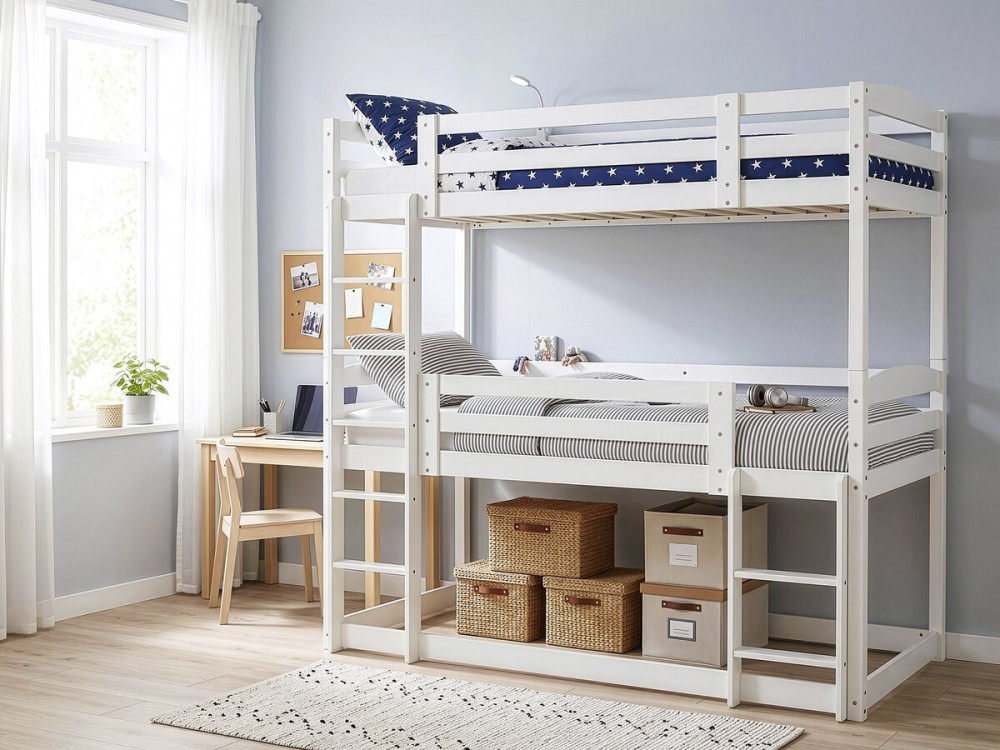 Cama de beliche em madeira com escada «Sephora» - 90 x 190 cm - Branco