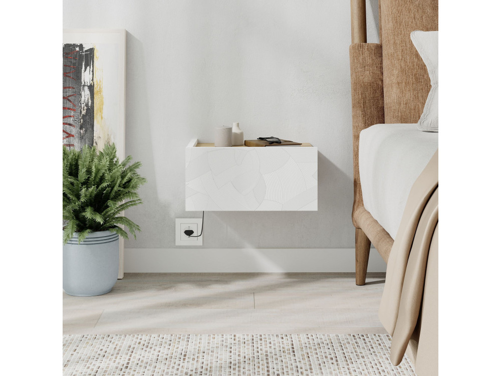 Mesa de cabeceira de madeira "Onda" com luz LED - 38 x 31 x 18 cm - Branco