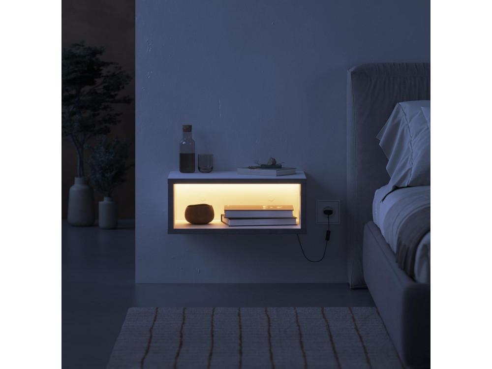 Mesa de cabeceira de madeira "Brik" com iluminação LED - 45 x 30 x 18 cm - Branco