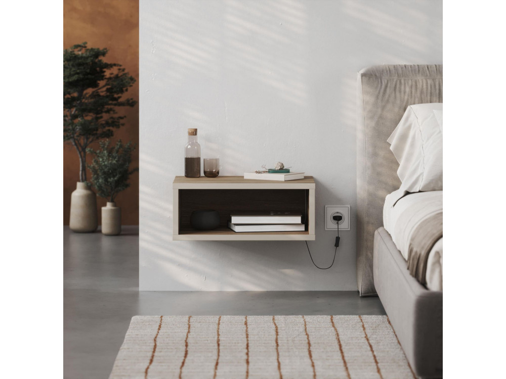 Mesa de cabeceira de madeira "Brik" com luz LED - 45 x 30 x 18 cm - Castanho