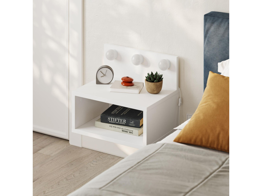 Mesa de cabeceira "Treo" com bolbo de madeira - 40 x 30 x 34 cm - Branco
