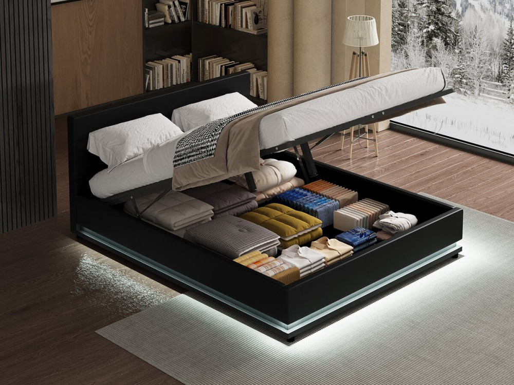 Cama LED com baú "Anastasia" - 140 x 190 cm - Preto