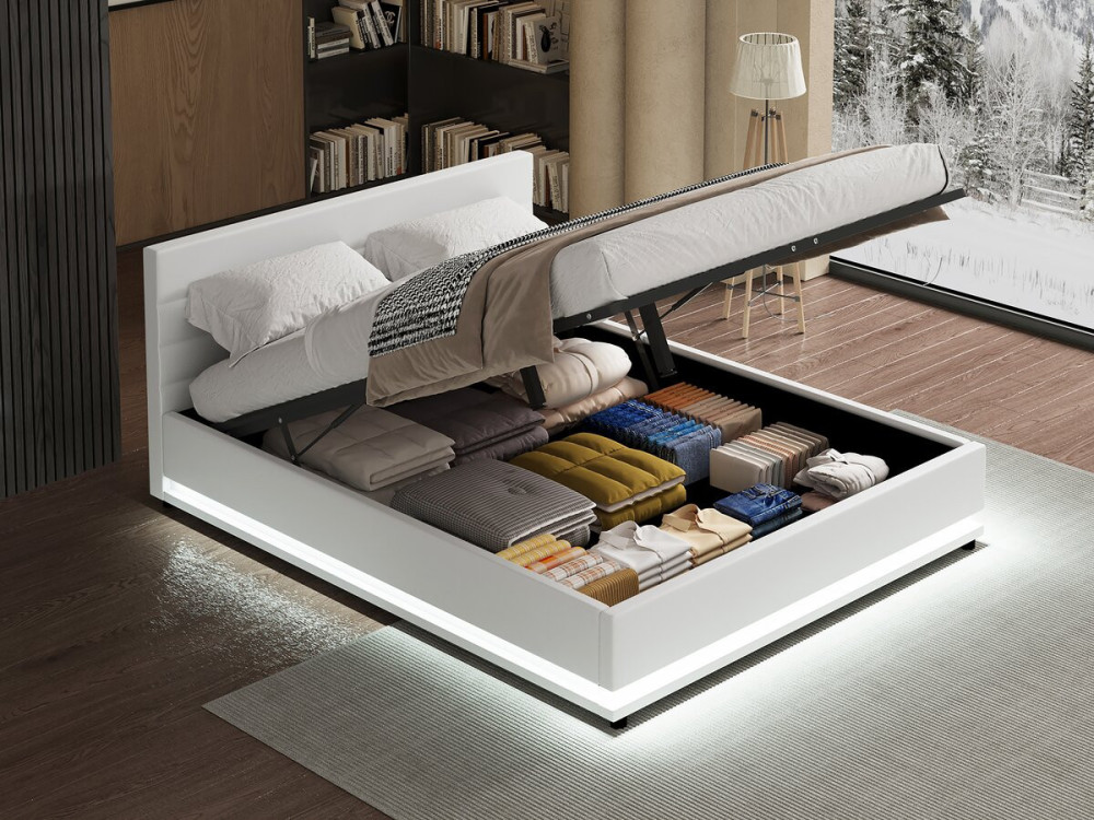 Cama LED com baú "Anastasia" - 160 x 200 cm - Branco