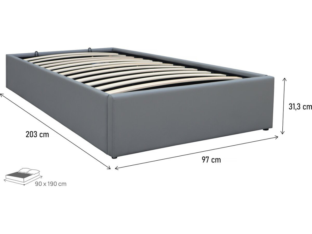 Cama de solteiro em PVC com caixa "Ava" - 90 x 190 cm - Cinza