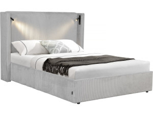 Cama de casal em veludo cotelê com cômoda integrada e abajur "Cortina" - 140 x 190 cm - Cinza
