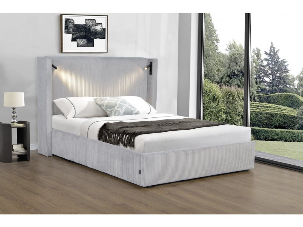 Cama de casal em veludo cotelê com cômoda integrada e abajur "Cortina" - 140 x 190 cm - Cinza