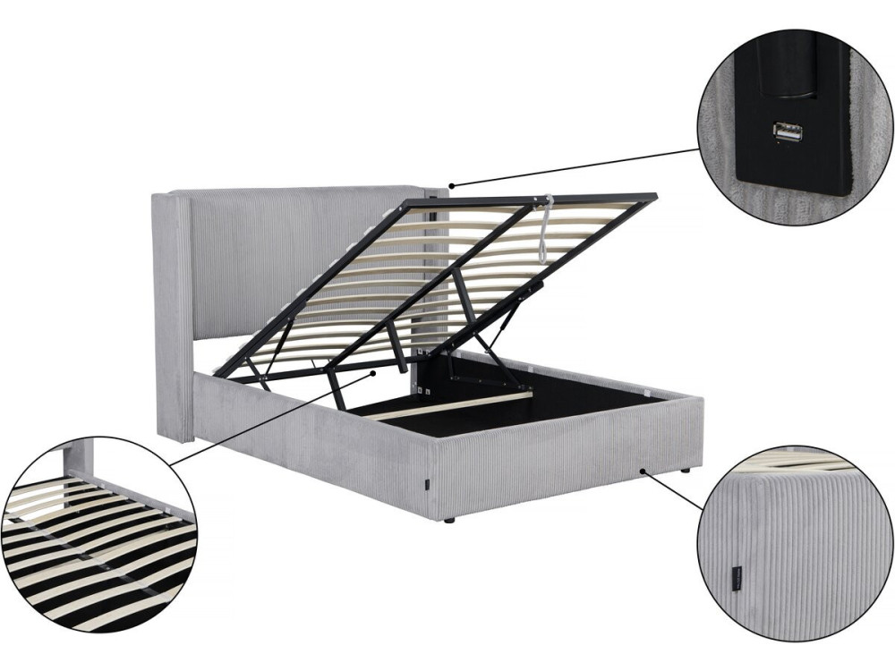 Cama de casal em veludo cotelê com cômoda integrada e abajur "Cortina" - 140 x 190 cm - Cinza