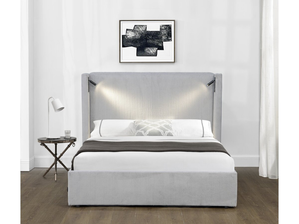 Cama de casal em veludo cotelê com cômoda integrada e abajur "Cortina" - 140 x 190 cm - Cinza