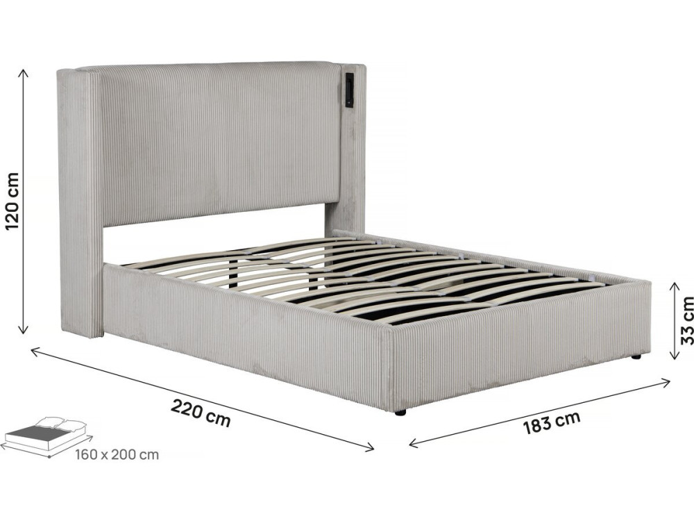 Cama de casal em veludo cotelê com cômoda integrada e abajur "Cortina" - 160 x 200 cm - Bege