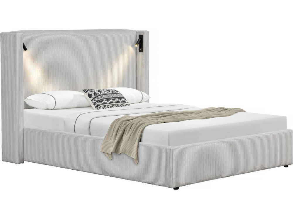 Cama de casal em veludo cotelê com cômoda integrada e abajur "Cortina" - 140 x 190 cm - Bege