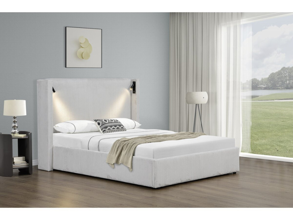 Cama de casal em veludo cotelê com cômoda integrada e abajur "Cortina" - 140 x 190 cm - Bege