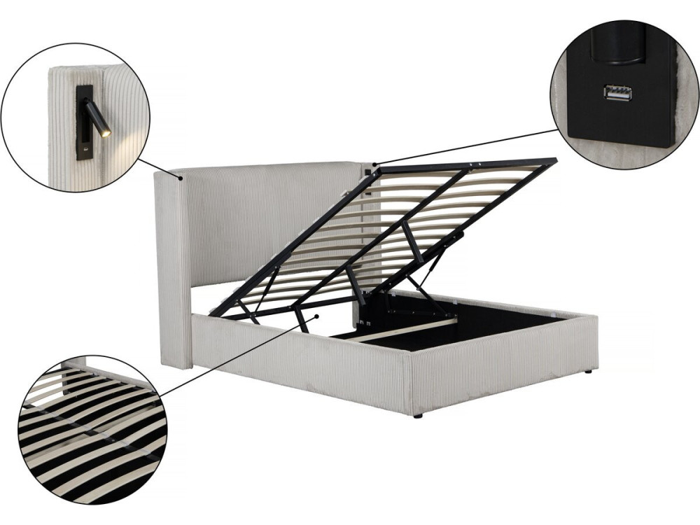 Cama de casal em veludo cotelê com cômoda integrada e abajur "Cortina" - 140 x 190 cm - Bege
