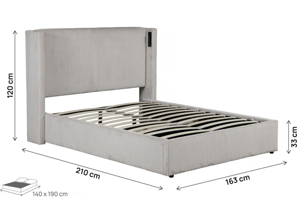 Cama de casal em veludo cotelê com cômoda integrada e abajur "Cortina" - 140 x 190 cm - Bege