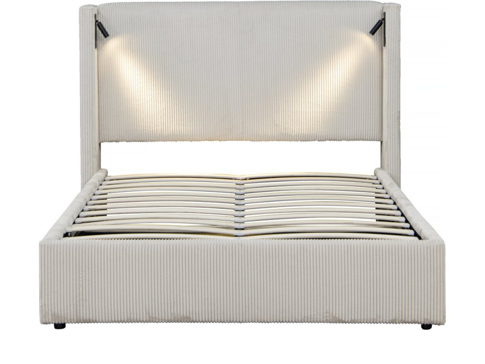 Cama de casal em veludo cotelê com cômoda integrada e abajur "Cortina" - 140 x 190 cm - Bege