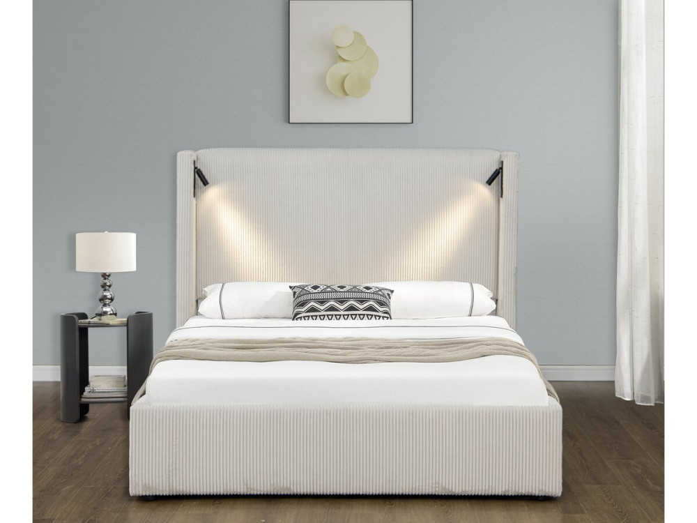 Cama de casal em veludo cotelê com cômoda integrada e abajur "Cortina" - 140 x 190 cm - Bege