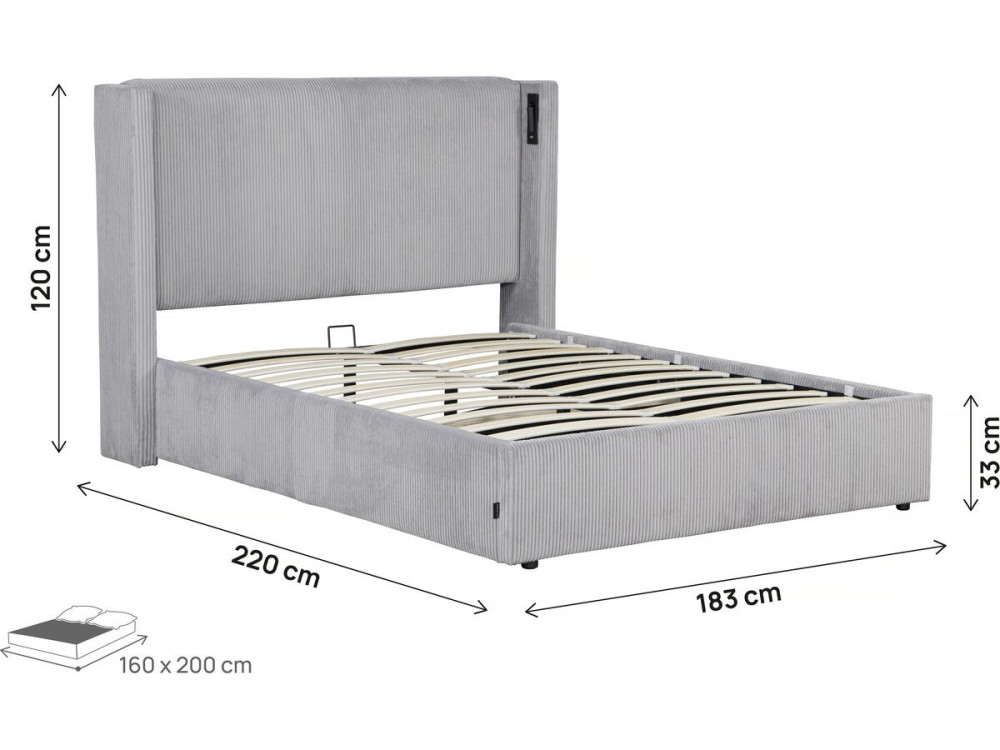 Cama de casal em veludo cotelê com cômoda integrada e abajur "Cortina" - 160 x 200 cm - Cinza