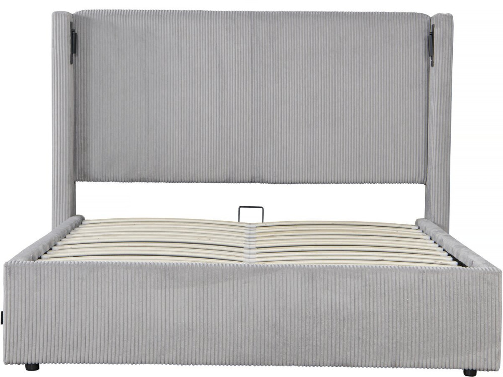Cama de casal em veludo cotelê com cômoda integrada e abajur "Cortina" - 160 x 200 cm - Cinza