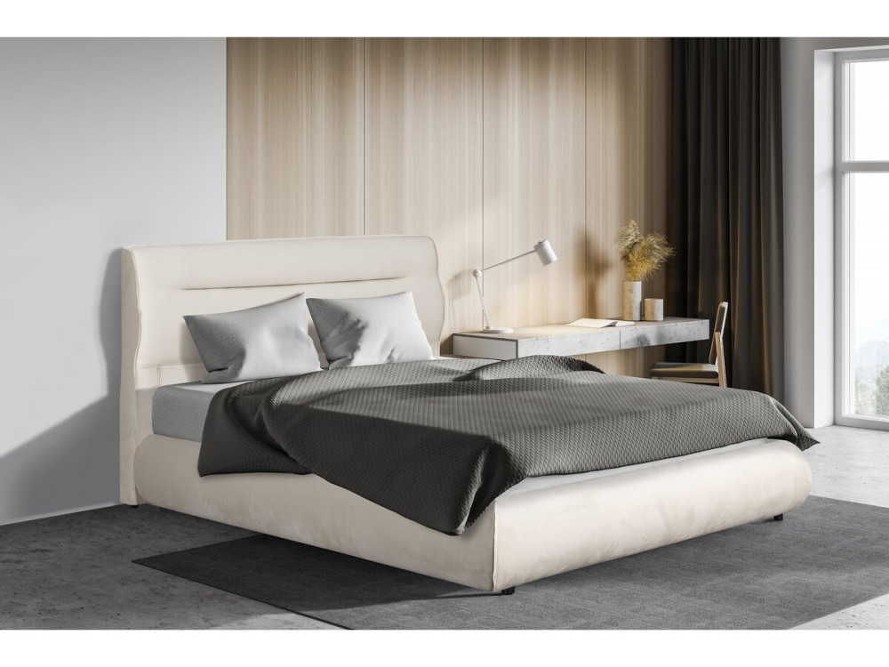 Cama de casal com arrumação em veludo "Chamonix" - 160 x 200 cm - Bege