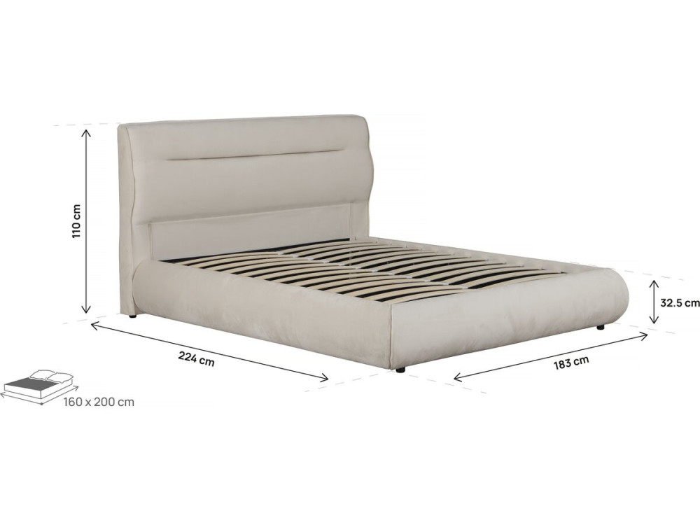 Cama de casal com arrumação em veludo "Chamonix" - 160 x 200 cm - Bege