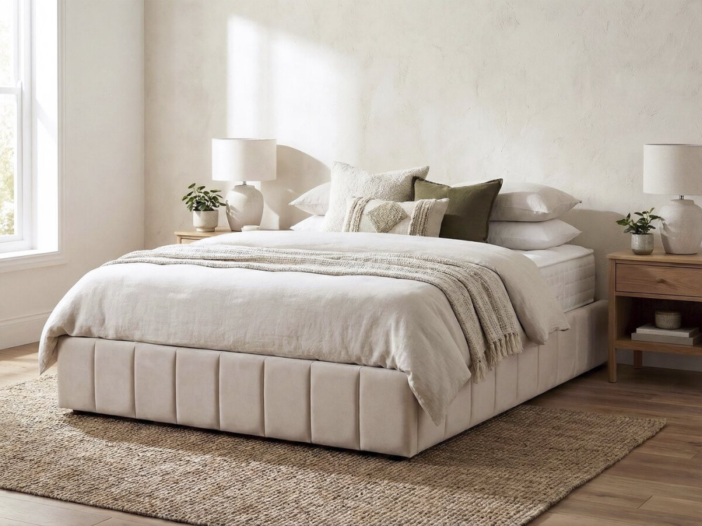 Cama de casal de veludo "Meribel" com estrado de molas - Bege - 160 x 200 cm
