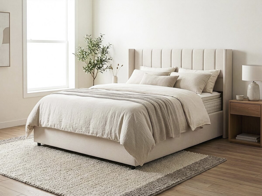 Cama de casal "Saint-Moritz" em linho com caixa - 160 x 200 cm - Bege