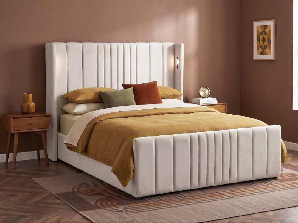 Cama de casal com baú em tecido e candeeiros integrados «Verbier» - 140 x 190 cm - Bege
