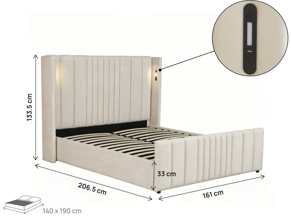 Cama de casal com baú em tecido e candeeiros integrados «Verbier» - 140 x 190 cm - Bege