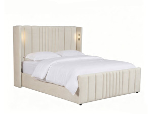 Cama de casal com baú em tecido e candeeiros integrados «Verbier» - 160 x 200 cm - Bege