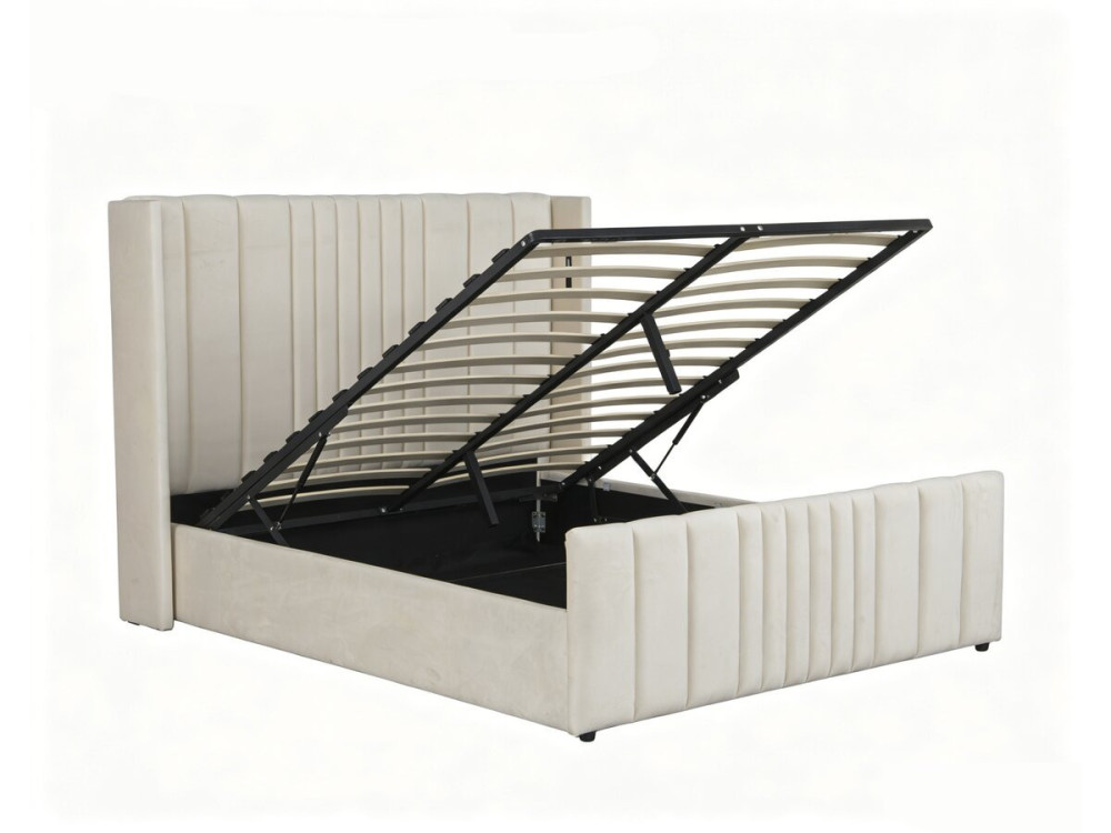 Cama de casal com baú em tecido e candeeiros integrados «Verbier» - 160 x 200 cm - Bege