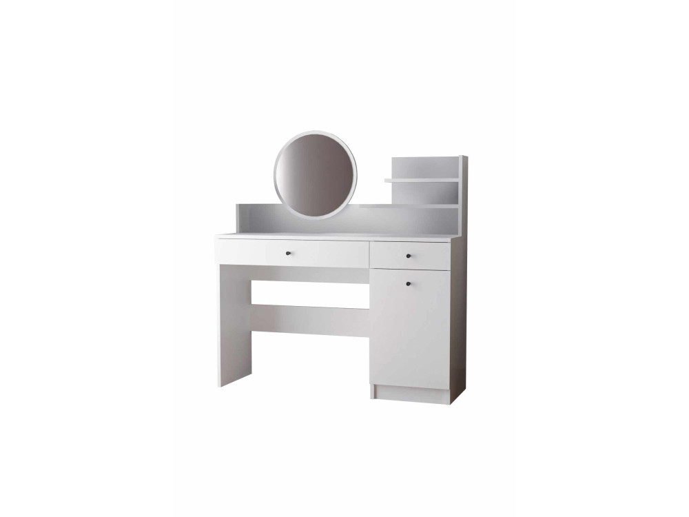 Toucador "Harmony Round" com espelho redondo de madeira - 124 x 40 x 135 cm - Branco