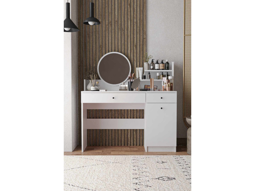 Toucador "Harmony Round" com espelho redondo de madeira - 124 x 40 x 135 cm - Branco