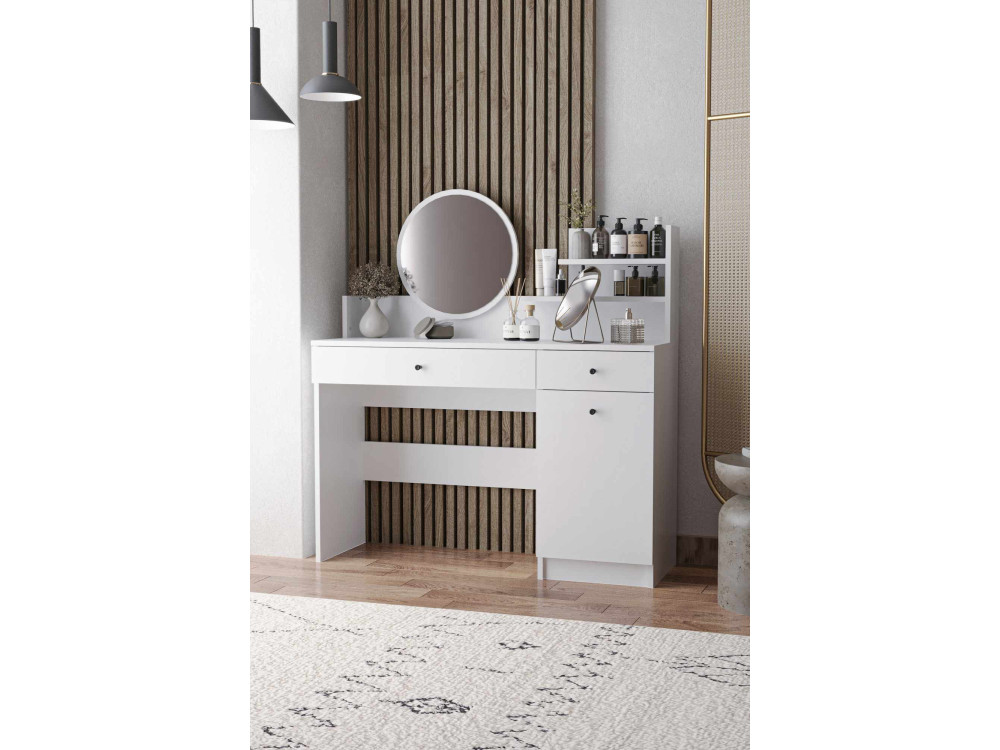 Toucador "Harmony Round" com espelho redondo de madeira - 124 x 40 x 135 cm - Branco