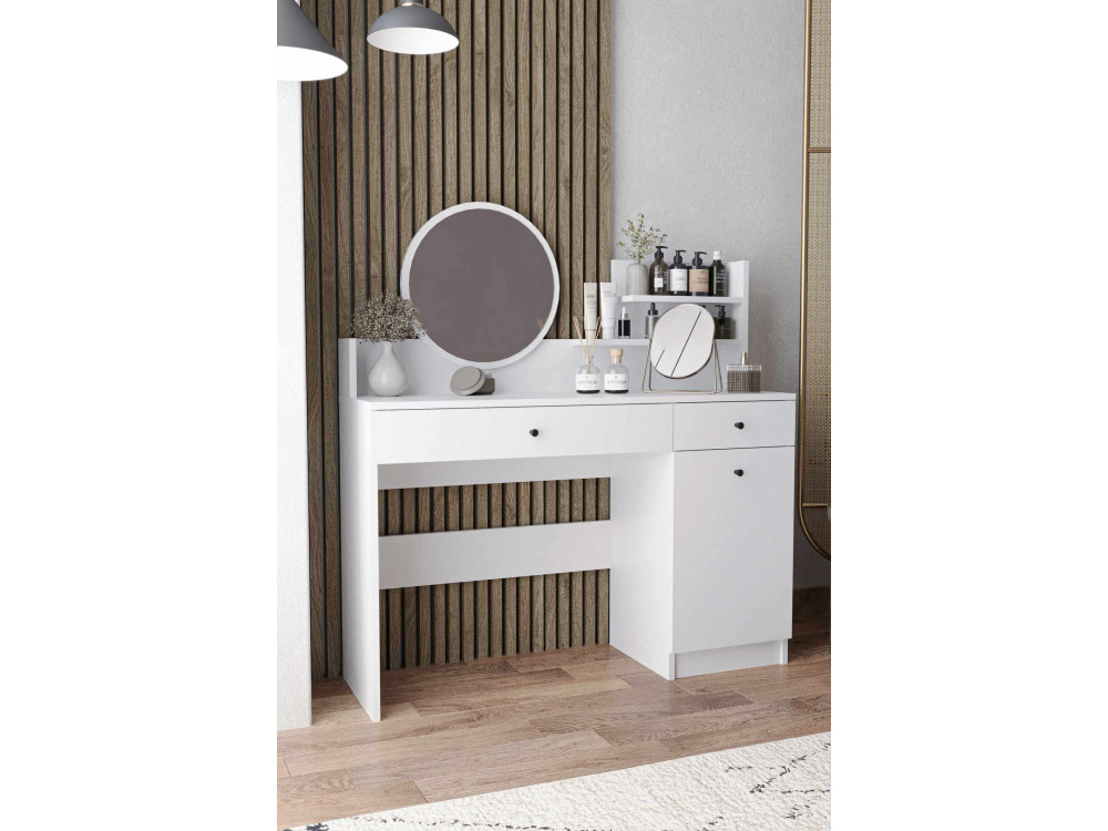 Toucador "Harmony Round" com espelho redondo de madeira - 124 x 40 x 135 cm - Branco
