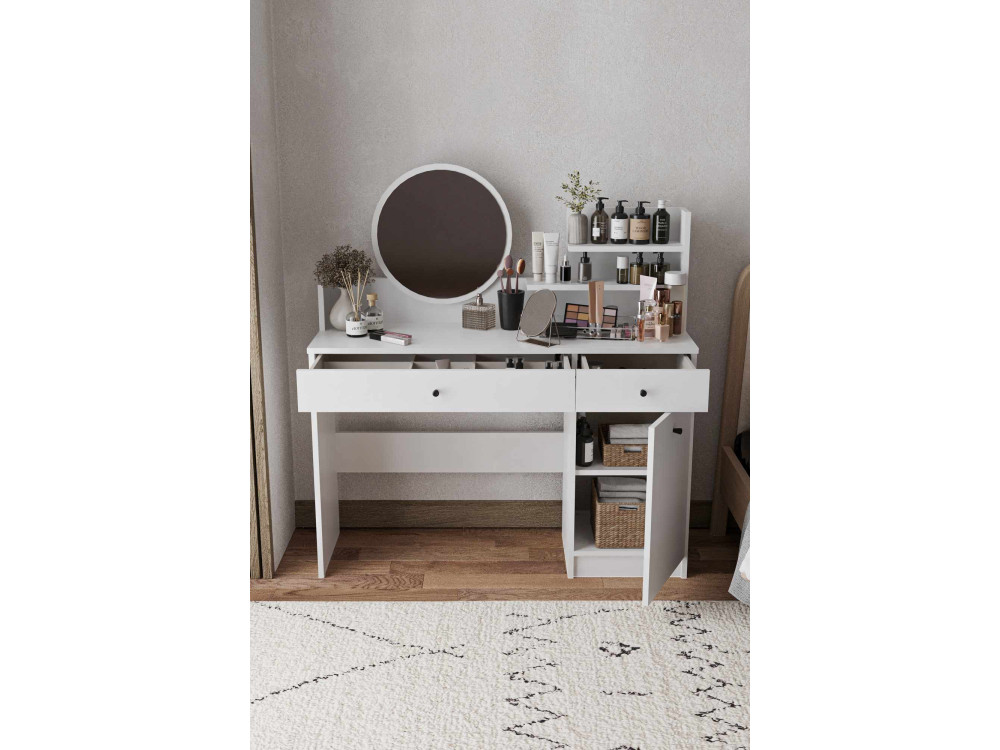 Toucador "Harmony Round" com espelho redondo de madeira - 124 x 40 x 135 cm - Branco