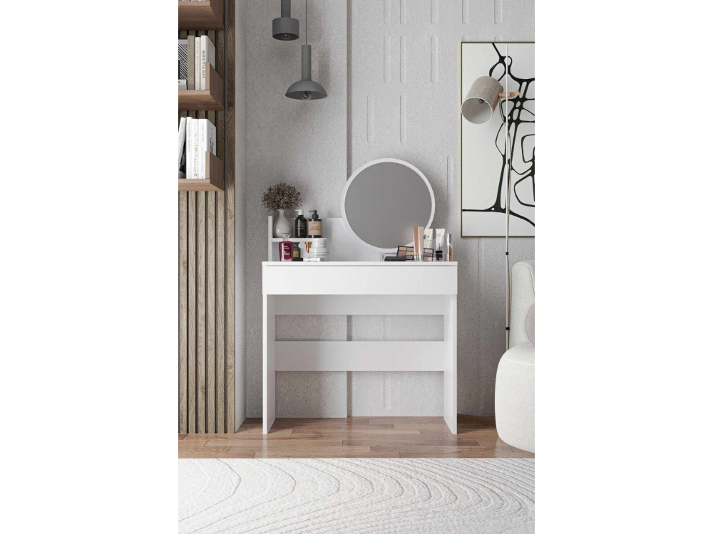 Toucador "Harmony Mini Round" com espelho de madeira - 90 x 40 x 133 cm - Branco